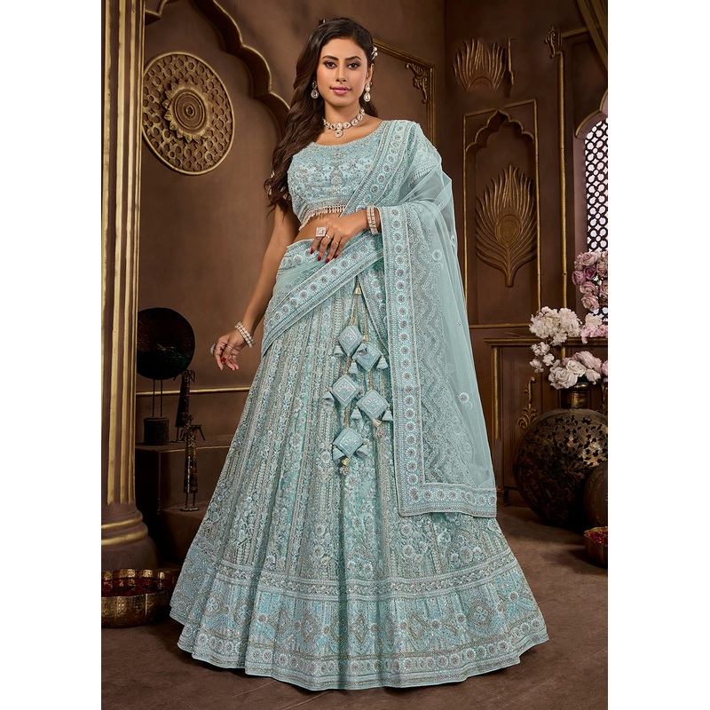 Sky Blue Heavy Embroidered Designer Bridal Lehenga Choli