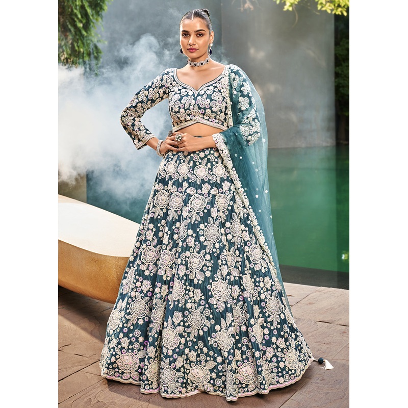 Teal Blue Satin Embroidered Premium Quality Lehenga Choli