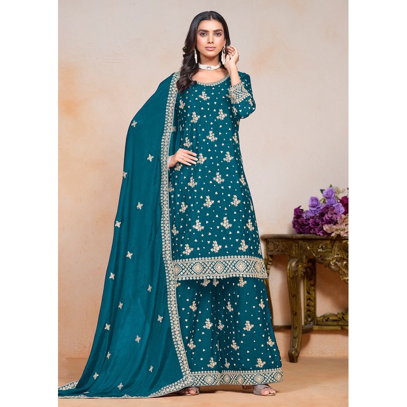 Teal Blue Sequins Embroidered Chinnon Festive Palazzo Suit