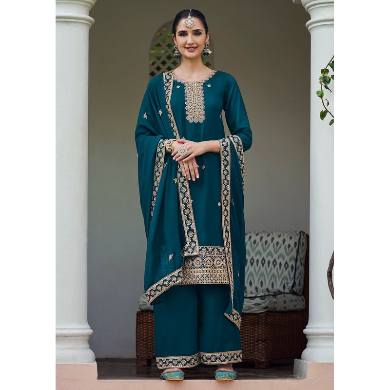 Teal Blue Stone Work Embroidered Festive Palazzo Suit
