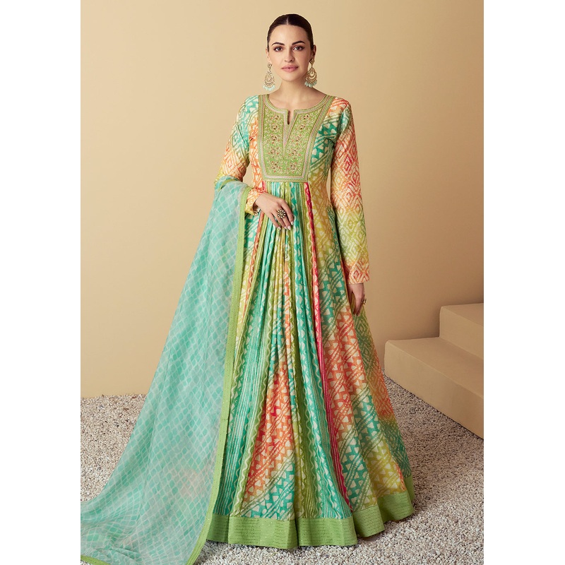 Teal & Green Maslin Digital Printed Festive Anarkali Gown