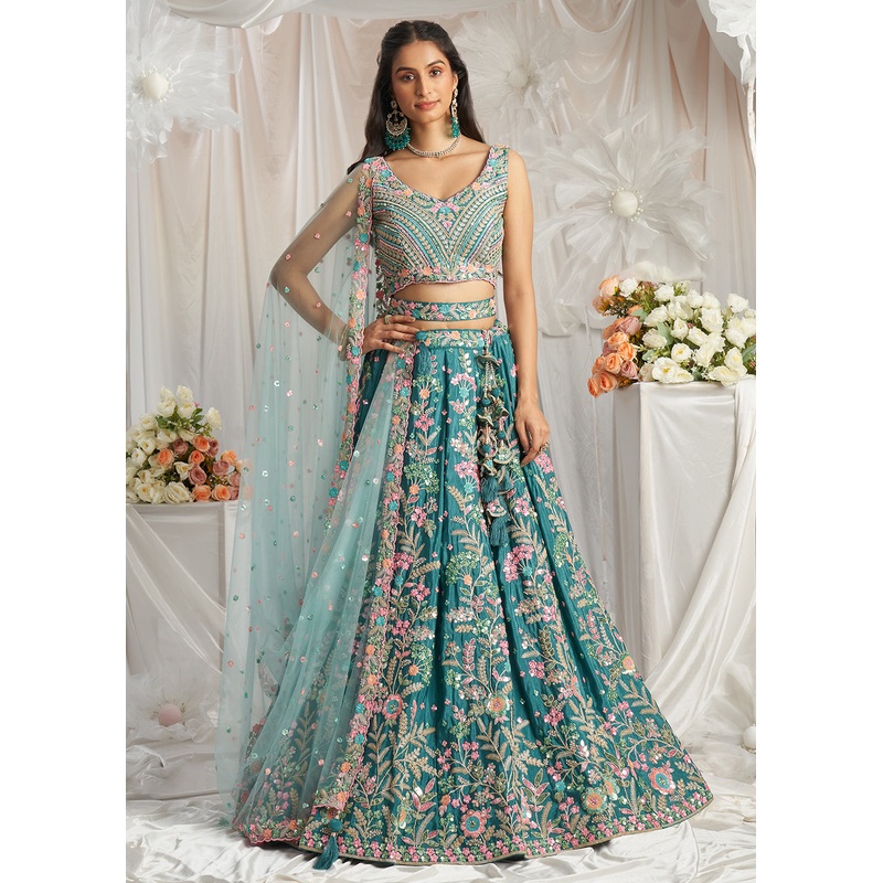 Teal Multi Color Embroidered Wedding Lehenga Choli