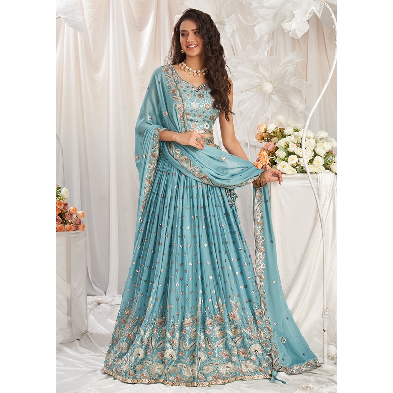 Turquoise Georgette Cording Threads Embroidered Lehenga Choli