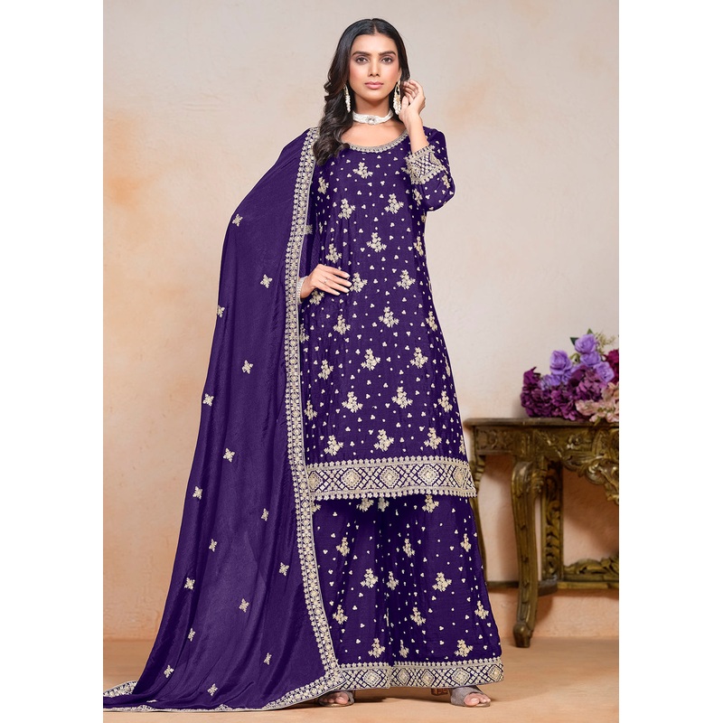 Violet Sequins Embroidered Chinnon Festive Palazzo Suit