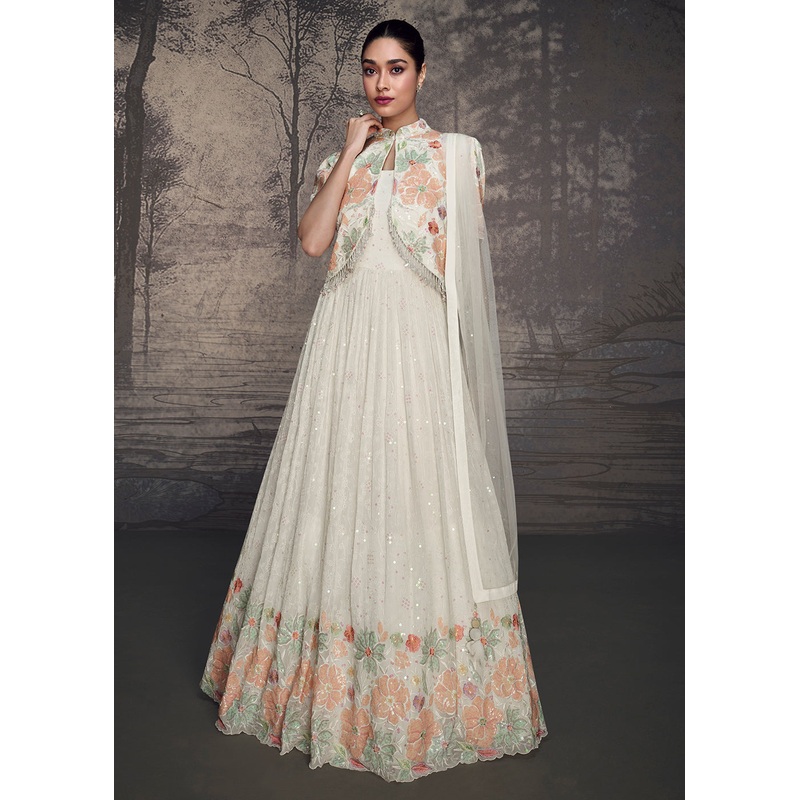 White Lucknowi Style Wedding Festive Anarkali Gown