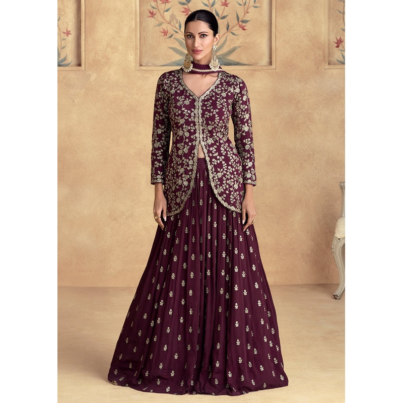 Wine Embroidered Chinnon Wedding Party Lehenga Dress
