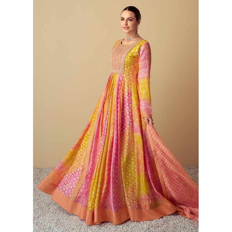 Yellow & Peach Maslin Digital Printed Festive Anarkali Gown