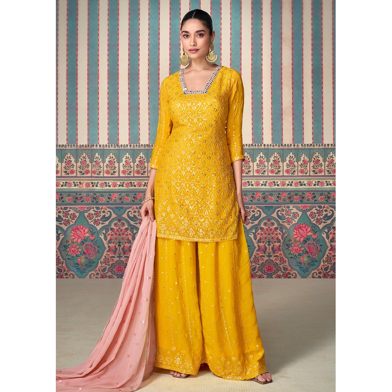 Yellow Premium Embroidered Designer Sharara Suit