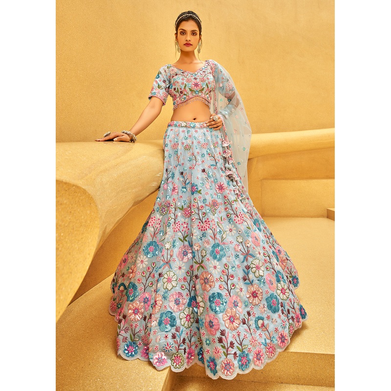 Zarkan & Sequins Embroidered Turquoise Designer Lehenga Choli