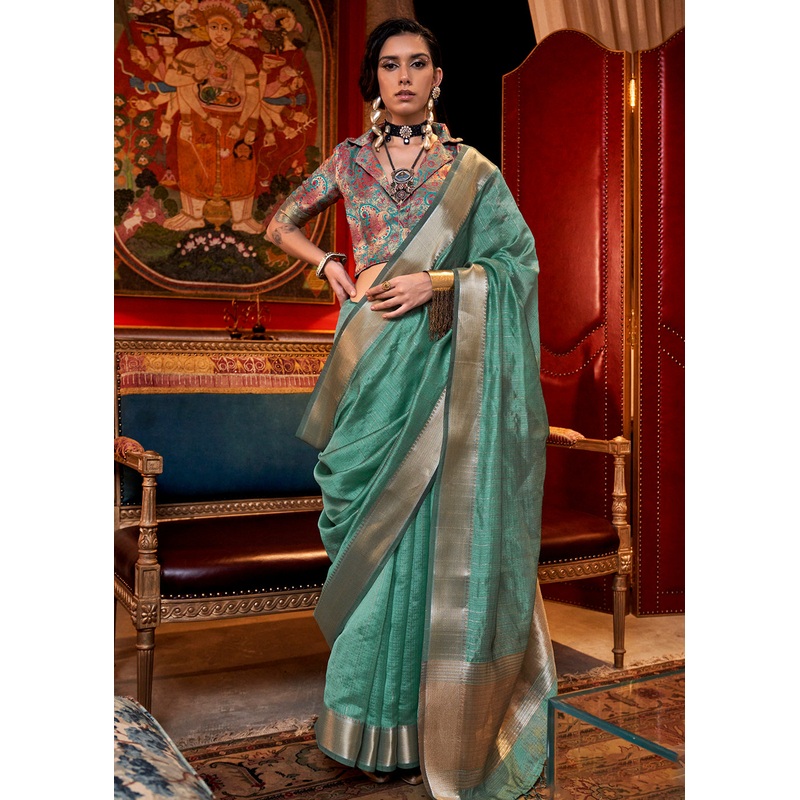 Aqua Green Moss Chiffon Party Style Designer Saree