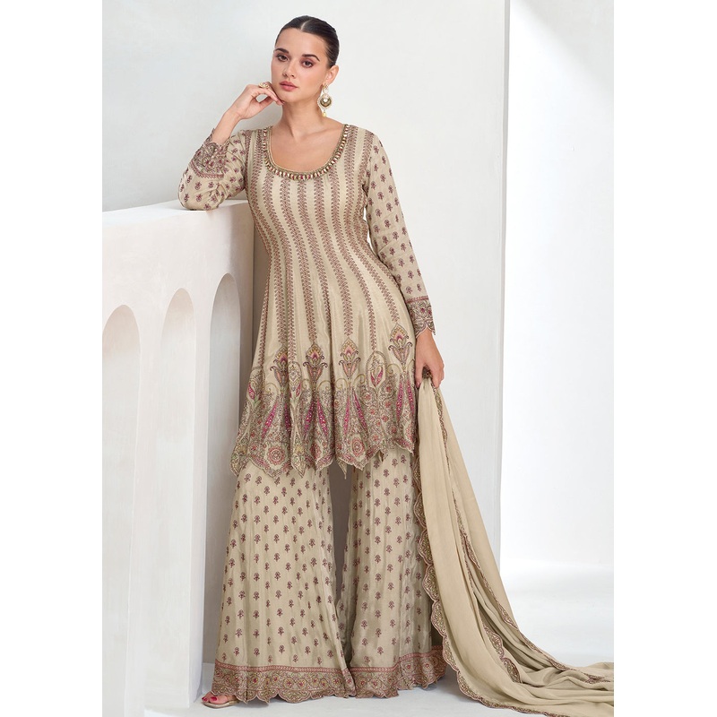 Beige Festive Style Embroidered Trendy Gharara Suit