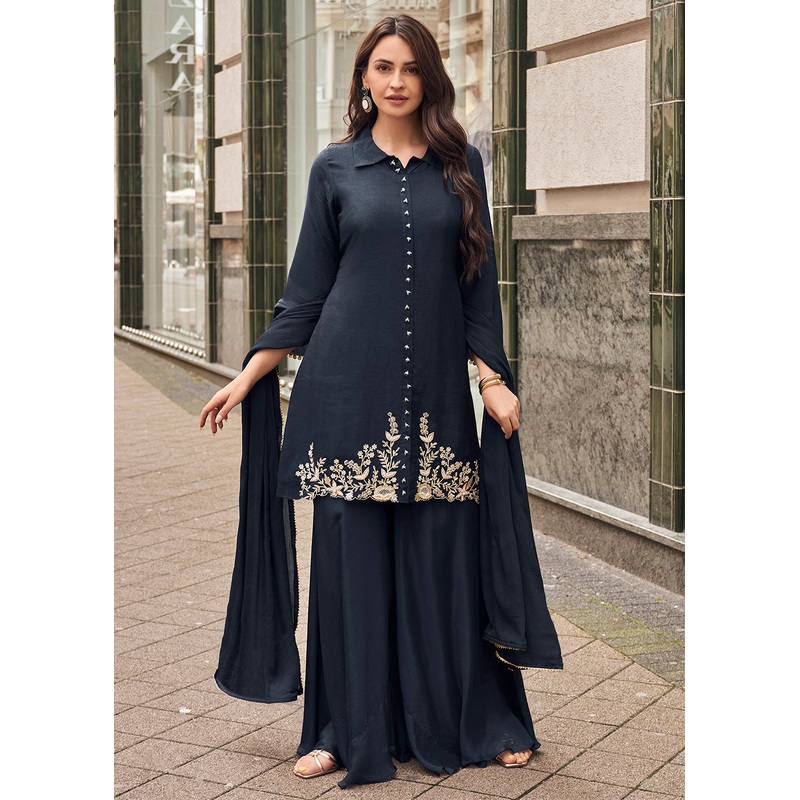 Black Viscose Jacquard Silk Festive Style Sharara Suit