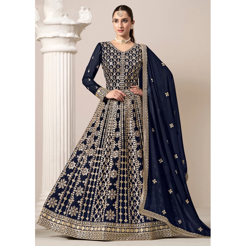 Blue All Over Embroidered Georgette Designer Anarkali Gown