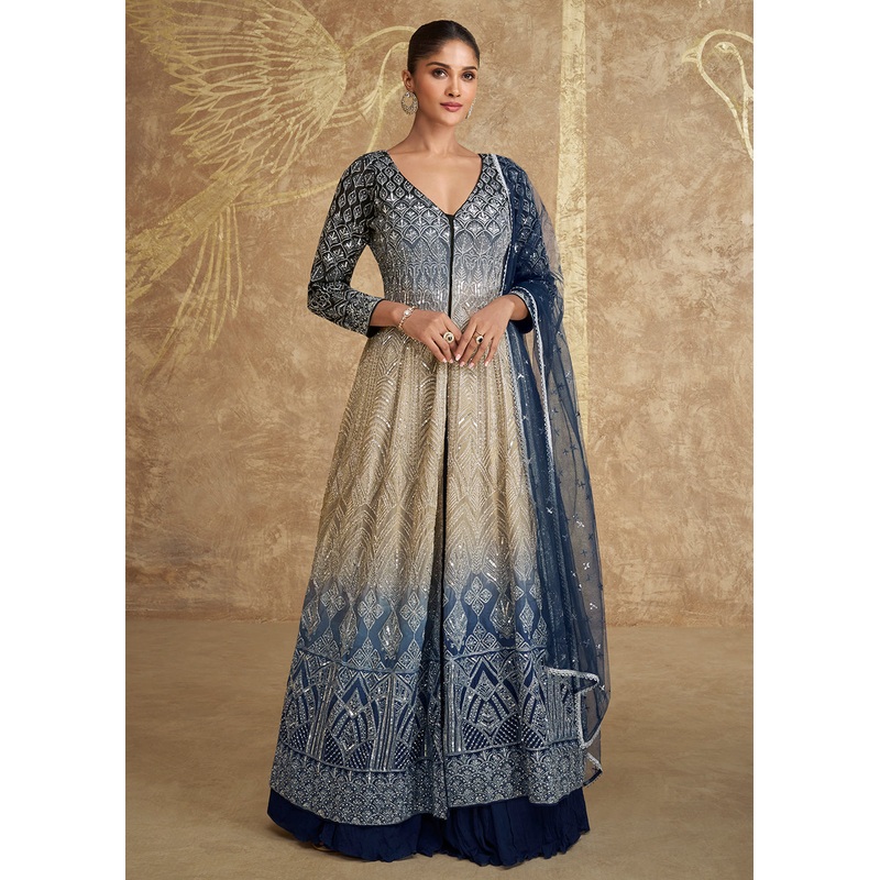 Blue & Beige Ombre Slit Georgette Skirt Style Anakali Suit