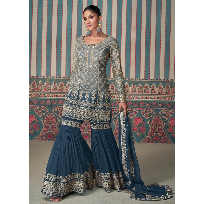 Blue & Grey Embroidered Wedding Wear Gharara Suit