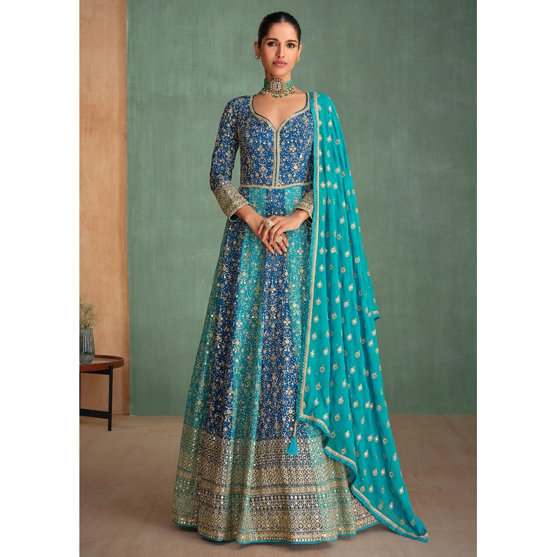 Blue Multi Embroidered Wedding Festive Anarkali Gown