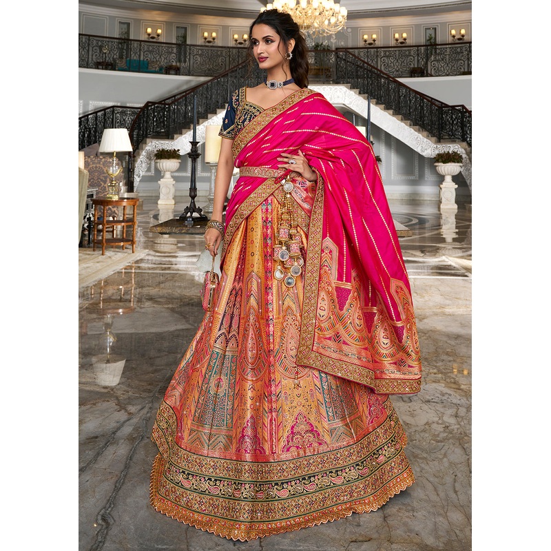 Blue Multicolor Banarasi Silk Embroidered Bridal Lehenga Choli