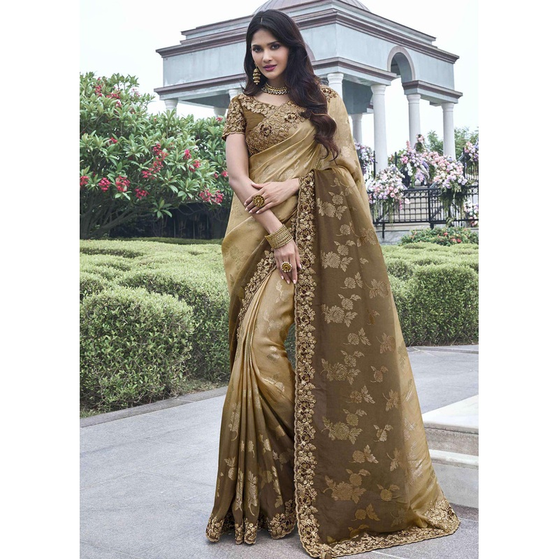 Brown Viscose Silk Embroidered Designer Wedding Saree