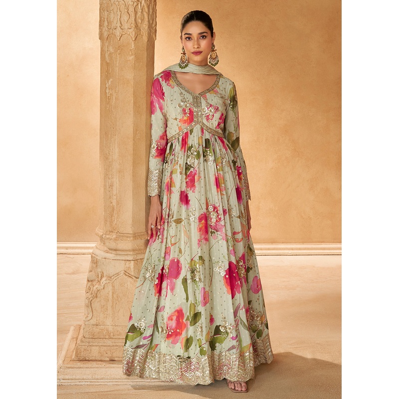 Cream Digital Printed Embroidered Chinnon Silk Anarkali Gown