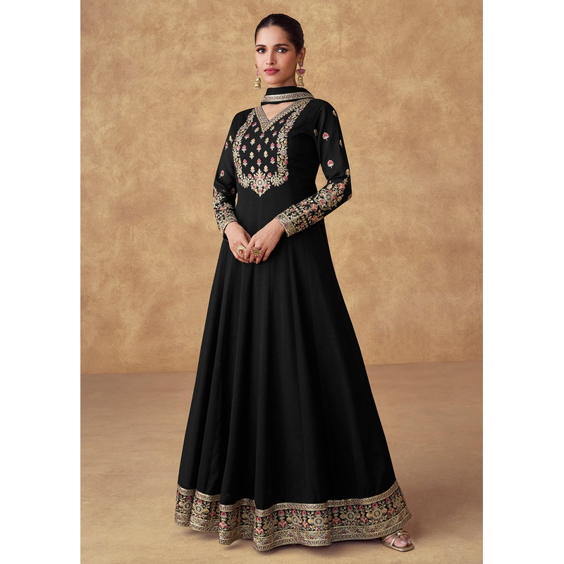 Embroidered Black Chinnon Silk Festive Anarkali Suit