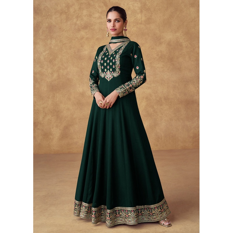 Embroidered Green Chinnon Silk Festive Anarkali Suit