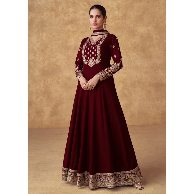 Embroidered Maroon Chinnon Silk Festive Anarkali Suit