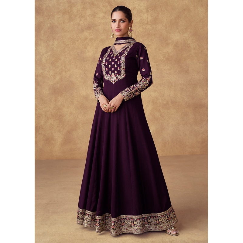 Embroidered Purple Chinnon Silk Festive Anarkali Suit
