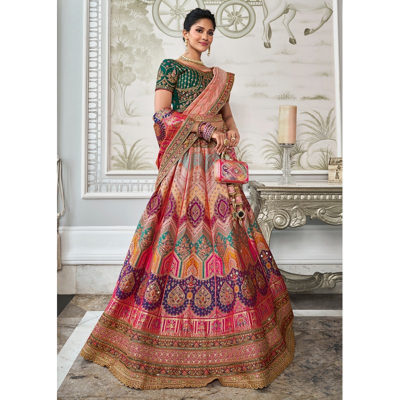 Green Multicolor Banarasi Silk Embroidered Bridal Lehenga Choli