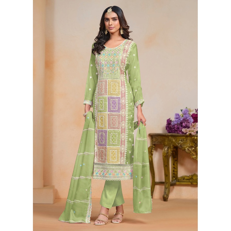 Green Soft Organza Embroidered Festive Pant Style Suit