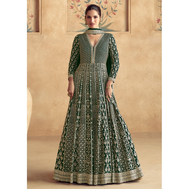 Green Traditional Embroidered Festive Anarkali Gown