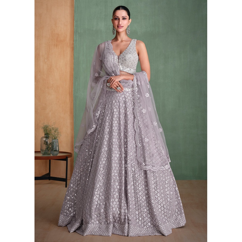 Grey Embroidered Georgette Designer Party Style Lehenga Choli