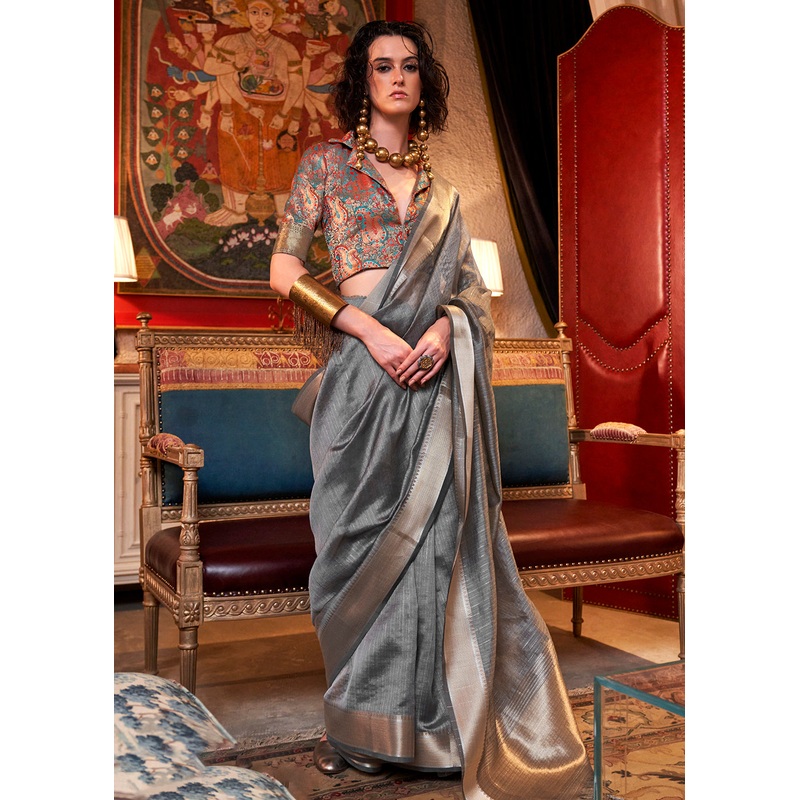 Grey Moss Chiffon Party Style Designer Saree