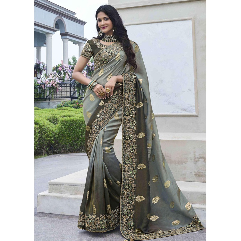 Grey Viscose Silk Embroidered Designer Wedding Saree