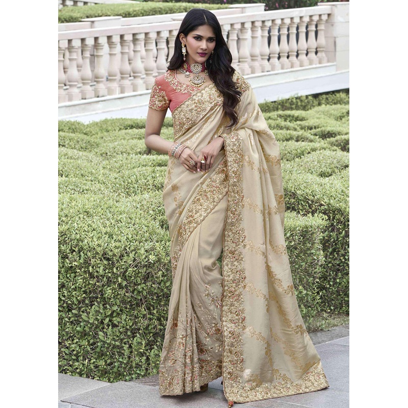 Ivory Viscose Silk Embroidered Designer Wedding Saree