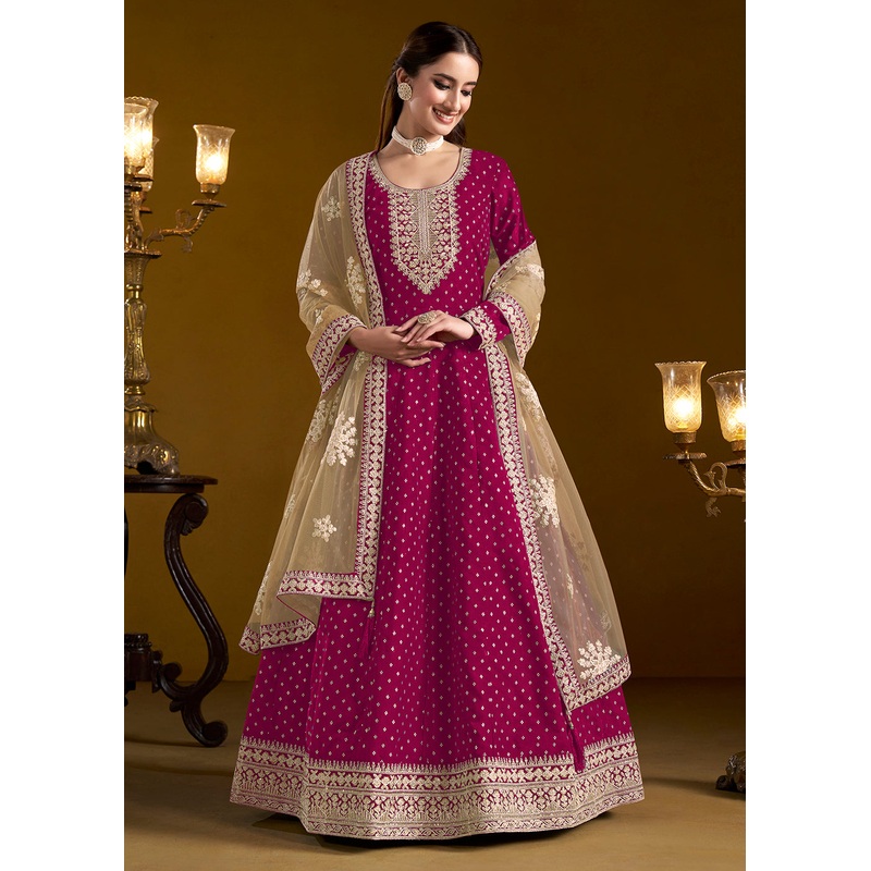 Magenta Chanderi Butti Embroidered Festive Anarkali Suit