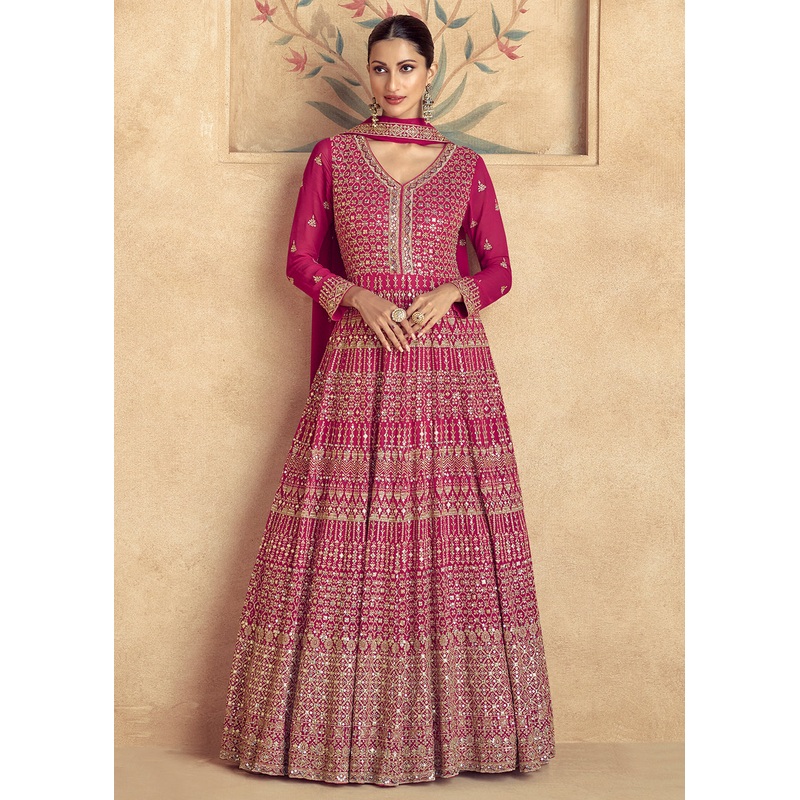 Magenta Pink Traditional Embroidered Festive Anarkali Gown