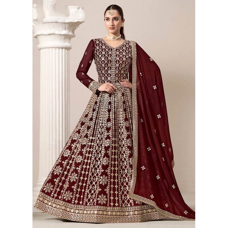 Maroon All Over Embroidered Georgette Designer Anarkali Gown