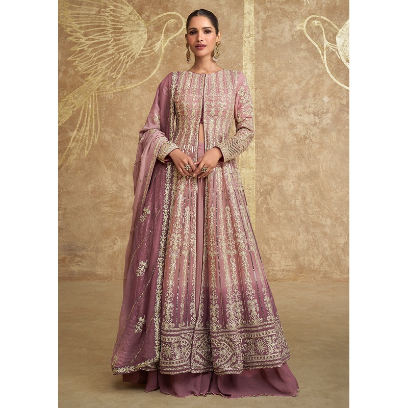 Mauve & Pink Ombre Slit Georgette Skirt Style Anakali Suit