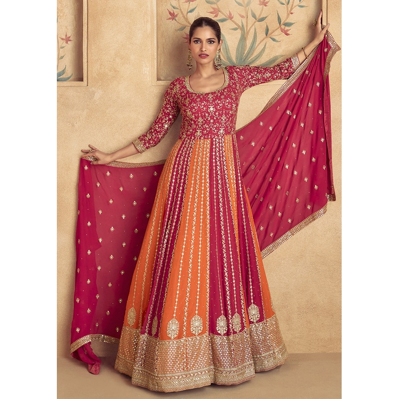 Multi Red Traditional Embroidered Festive Anarkali Gown