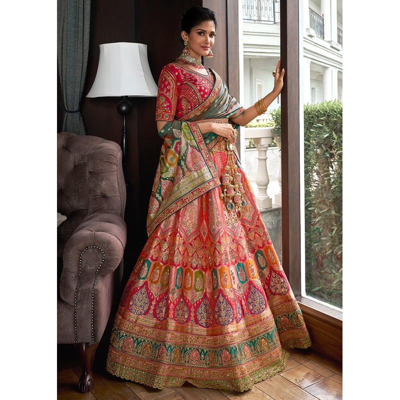 Multicolor Banarasi Silk Embroidered Bridal Lehenga Choli