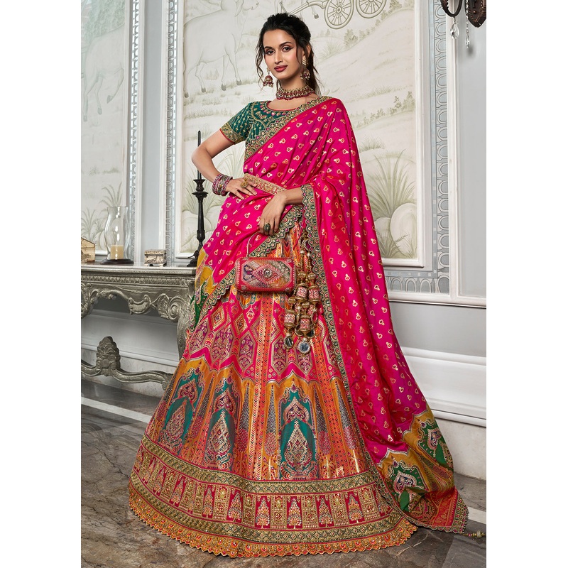Mustard Multicolor Banarasi Silk Embroidered Bridal Lehenga Choli