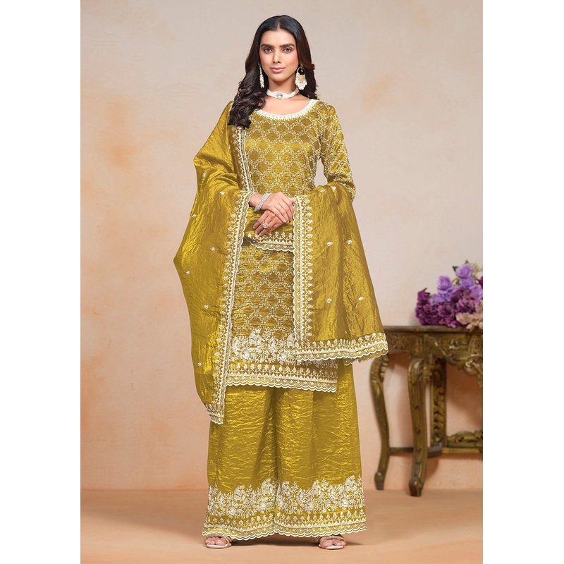 Mustard Yellow Gold Crushed Embroidered Palazzo Suit
