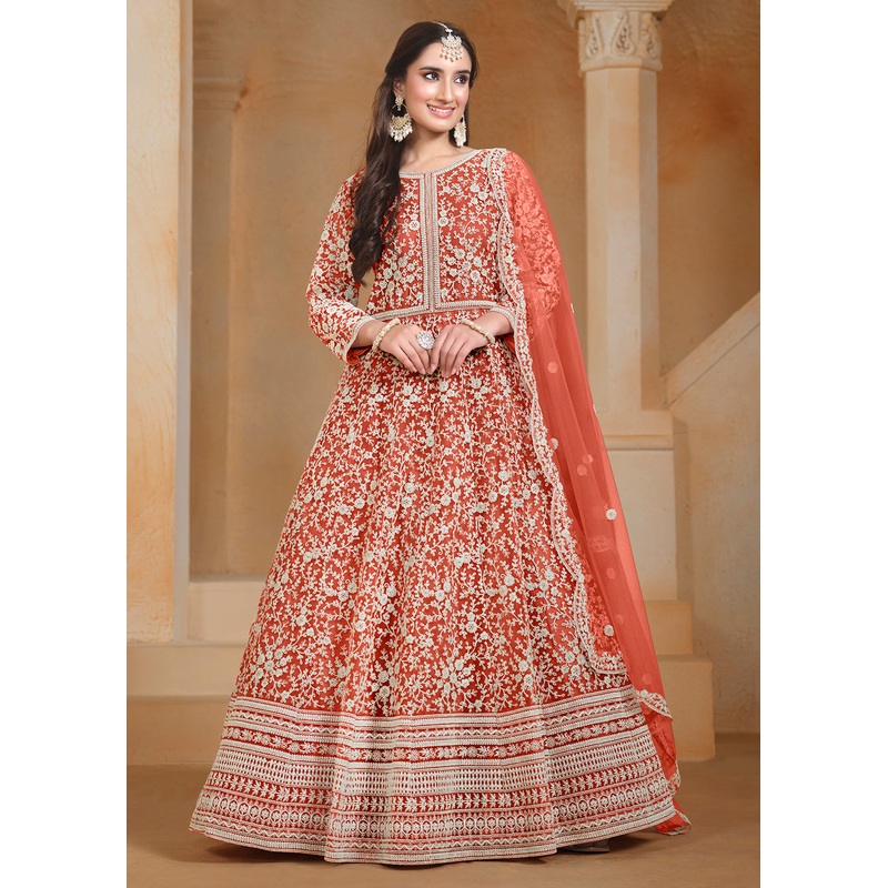 Net Orange Embroidered Festive Style Anarkali Suit