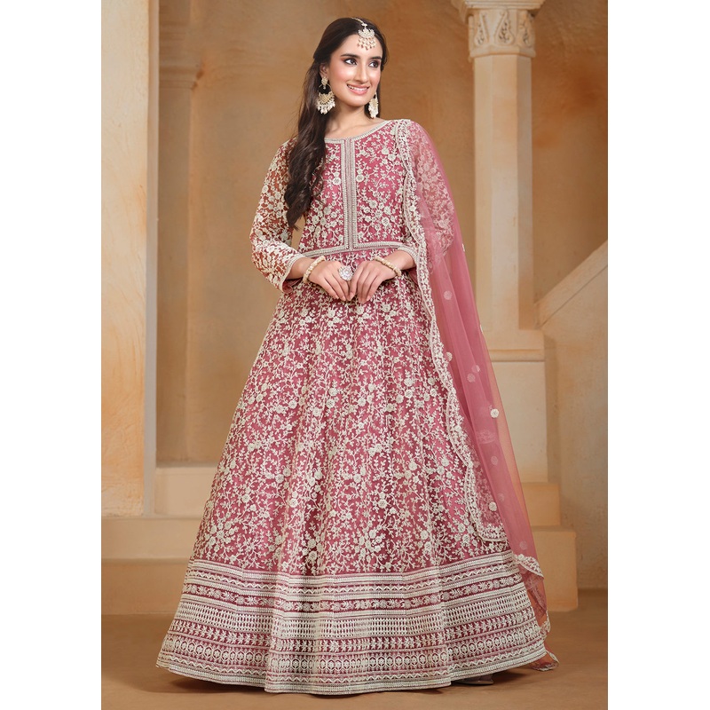 Net Pink Embroidered Festive Style Anarkali Suit