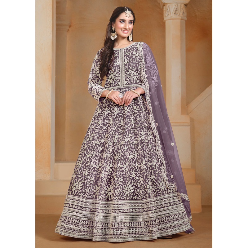 Net Purple Embroidered Festive Style Anarkali Suit