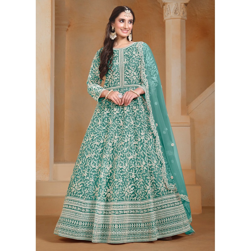 Net Teal Green Embroidered Festive Style Anarkali Suit