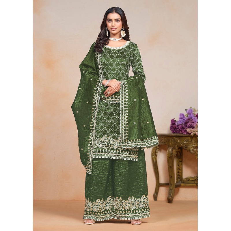 Olive Green Gold Crushed Embroidered Palazzo Suit