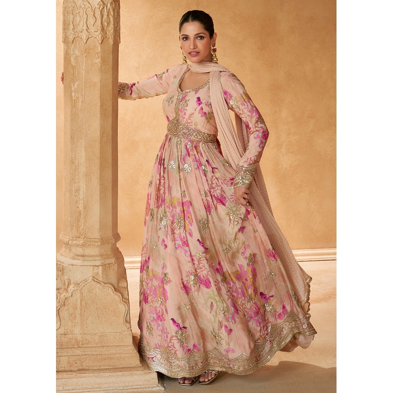 Peach Digital Printed Embroidered Chinnon Silk Anarkali Gown