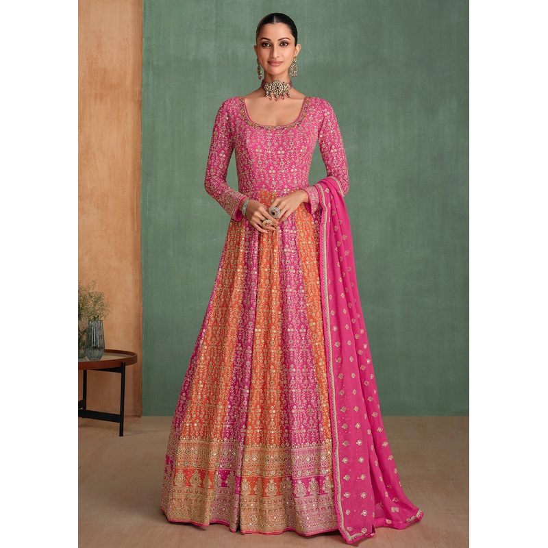 Pink Multi Embroidered Wedding Festive Anarkali Gown