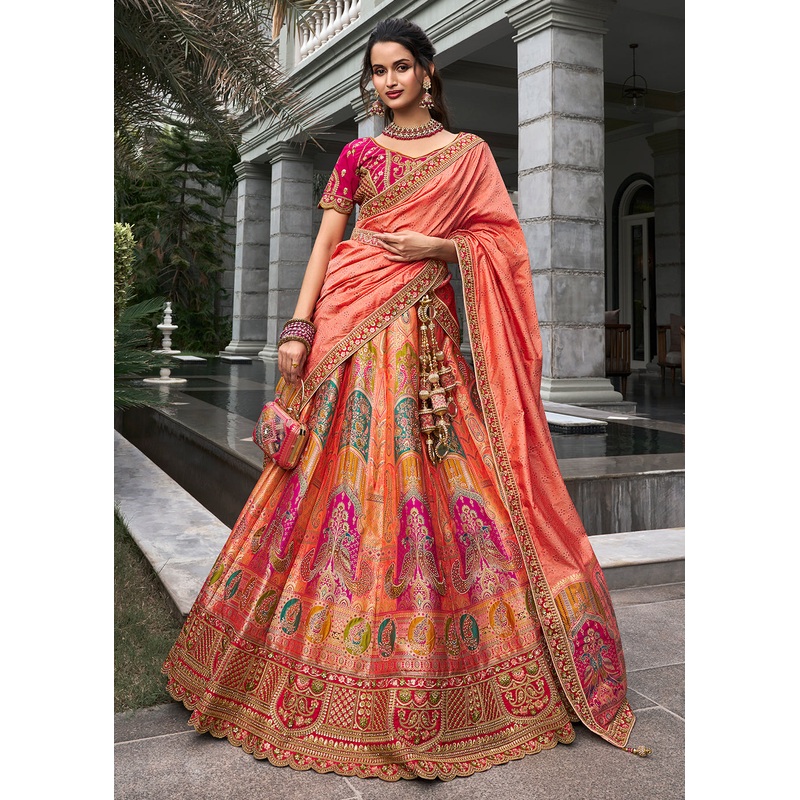Pink Multicolor Banarasi Silk Embroidered Bridal Lehenga Choli